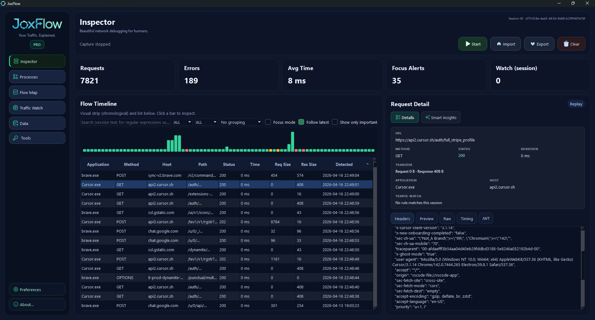 JoxFlow Inspector: capture toolbar with proxy status, listen host and port, and live request table with methods, hosts, and status codes.