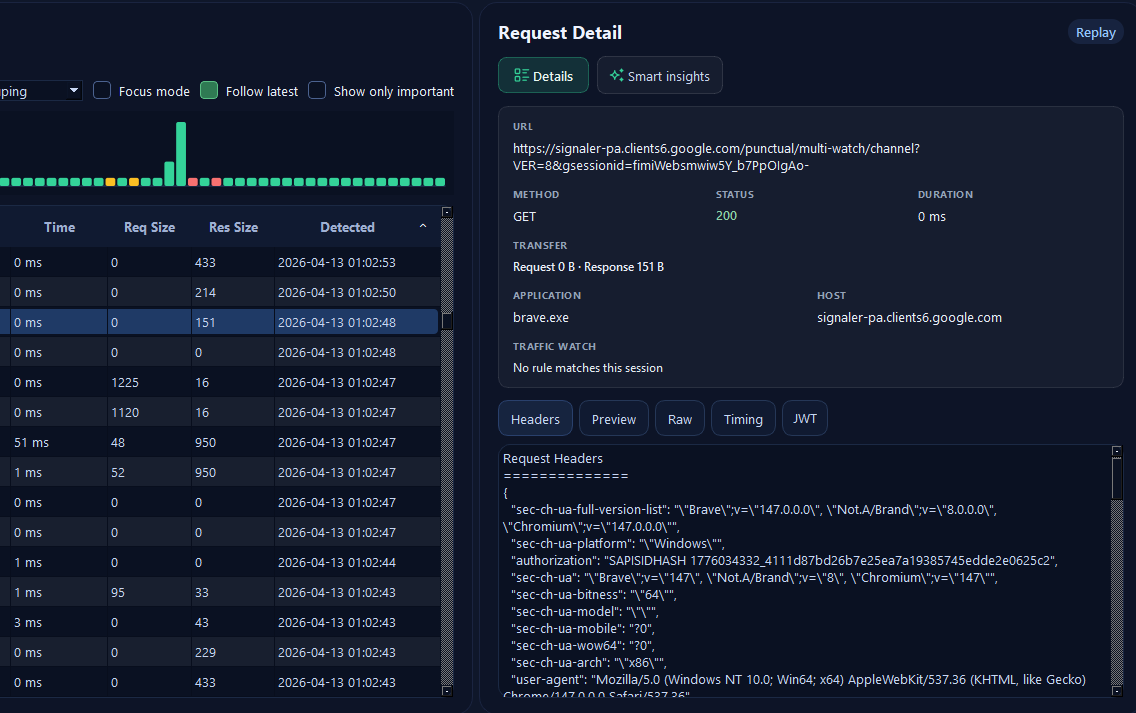 JoxFlow Inspector: search field, method and status filters, focus and important-only toggles, and horizontal request timeline.