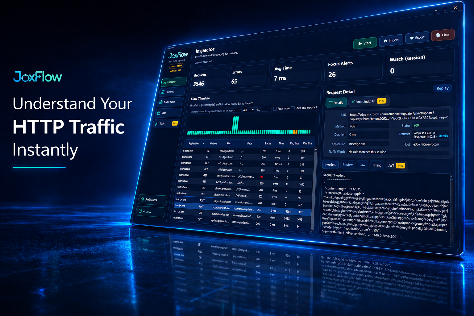 Presentación visual de JoxFlow: interfaz de inspección de tráfico y herramientas de red